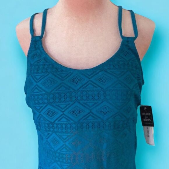 HULA HONEY NWT BLUE TEAL  CROCHET FLOUNCE TANKINI BATHING SUIT WEAR TOP XL - Picture 3 of 8